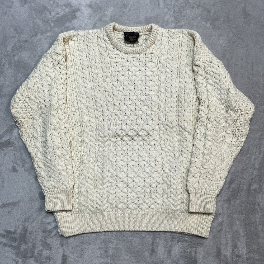 Vintage Carraig Donn Mens Sz M Ireland 100% Merino Wool Fisherman Sweater Ivory